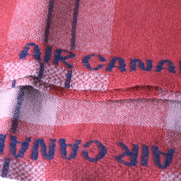 Vintage Air Canada Plaid Wool Blanket Red Checked Retro 70s Travel Red Pink Navy - Picture 7 of 9